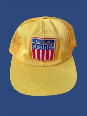 Vintage USA Trucker Hat Farmer Cap Yellow Mesh 1980s Americana Patriotic Patch